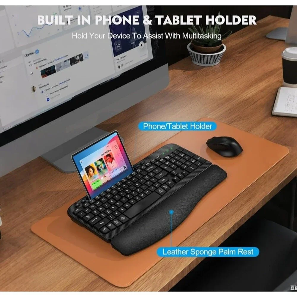 Wireless Keyboard and Mouse Combo, Wave Keys Full-Sized Ergonomic Cushioned Plam